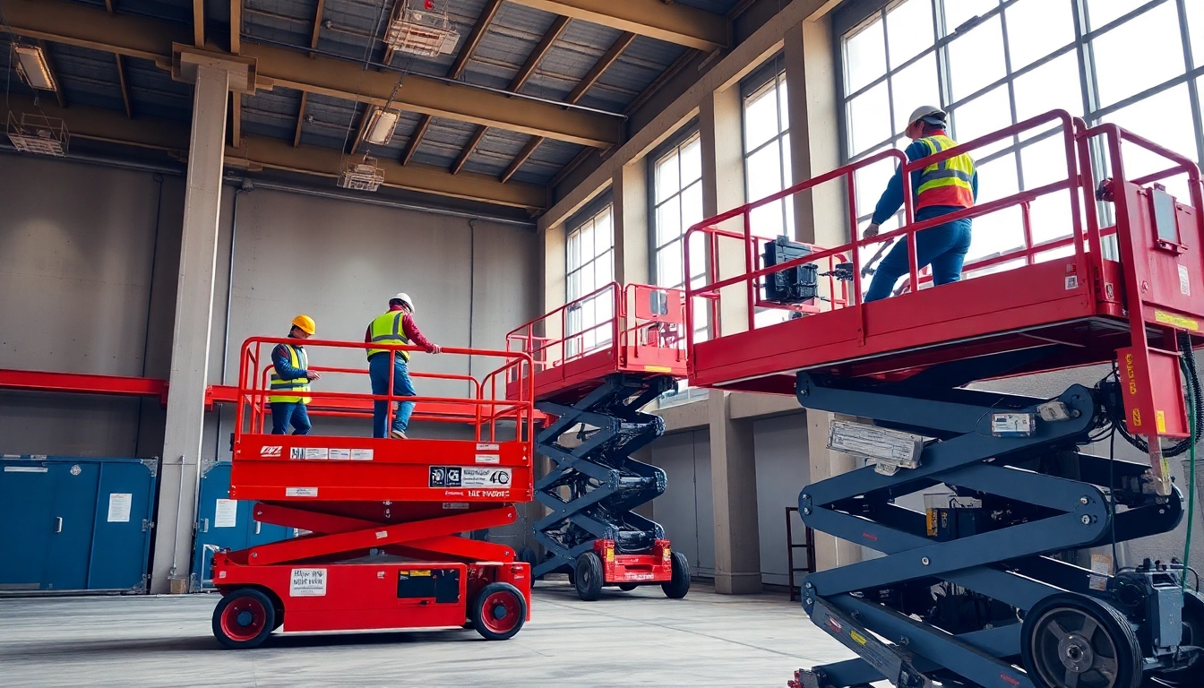Reliable scissor lift rental options at a busy construction site, emphasizing safety and ease of access.