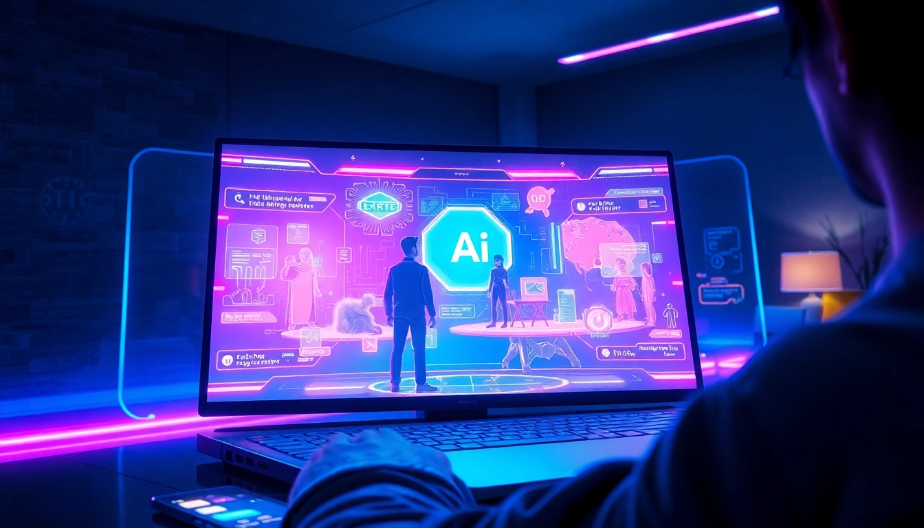 Futuristic AI interface with holographic characters and vibrant neon colors in a modern setting.
