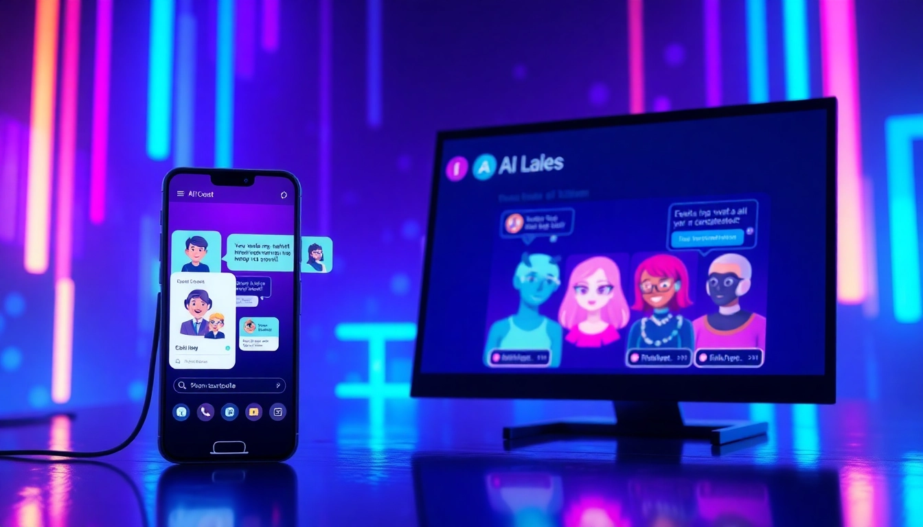 Futuristic digital chat interface with AI characters on devices in neon-lit cyberpunk setting.