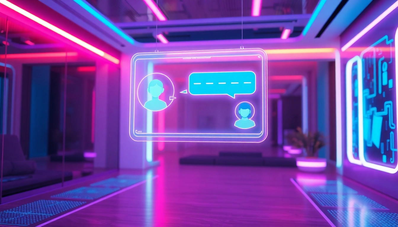 Futuristic virtual chat interface with glowing text bubbles and neon accents