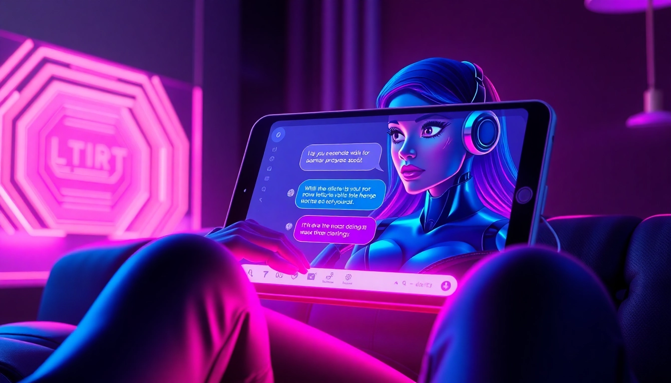 A futuristic digital chat interface with a stylized AI character on a sleek device screen, illuminated by neon lights in a cyberpunk setting.