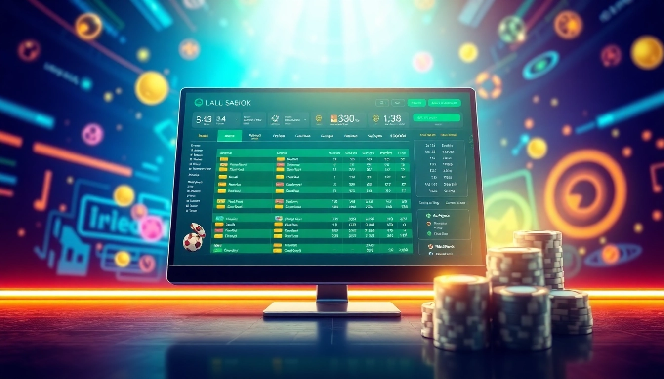 Digital illustration of an online sportsbook and casino platform with sports icons and betting odds.