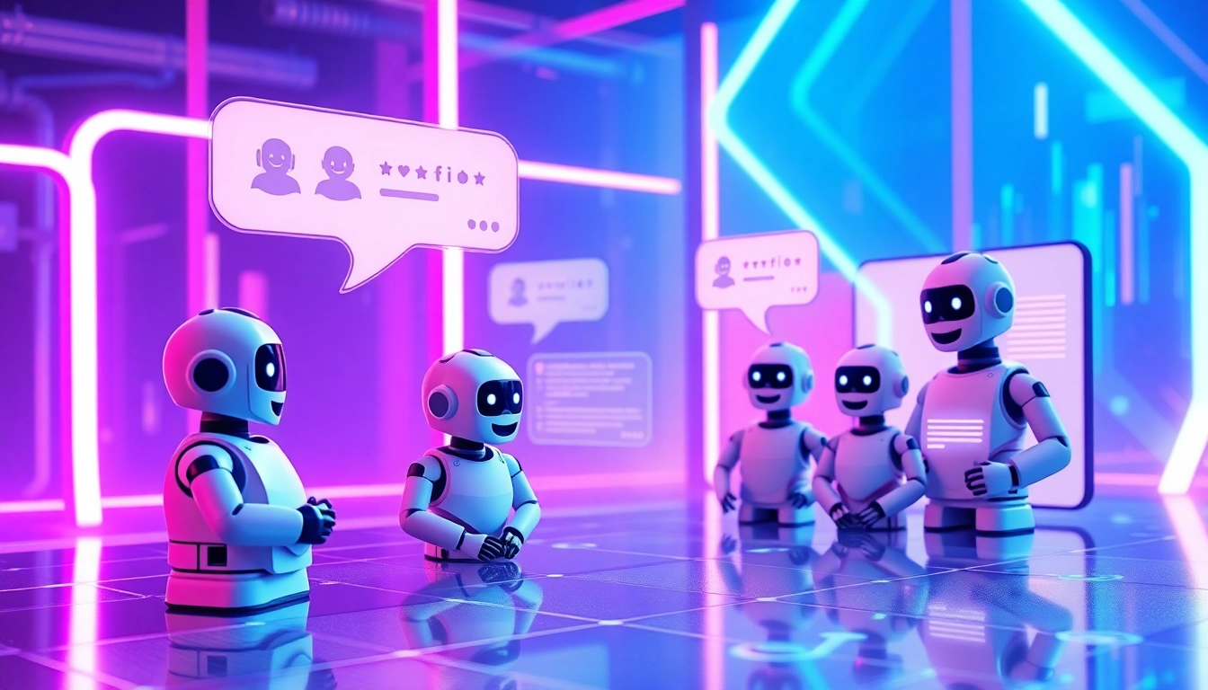 An illustration of AI chatbots interacting on a futuristic digital interface with neon lighting and holographic elements.