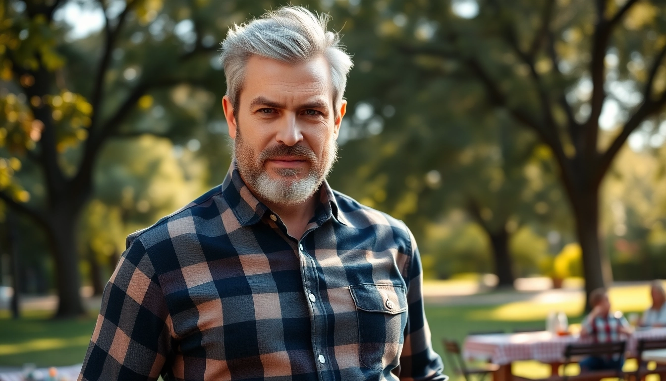 A handsome mature man standing outdoors with a confident smile, in casual attire, in a park setting.