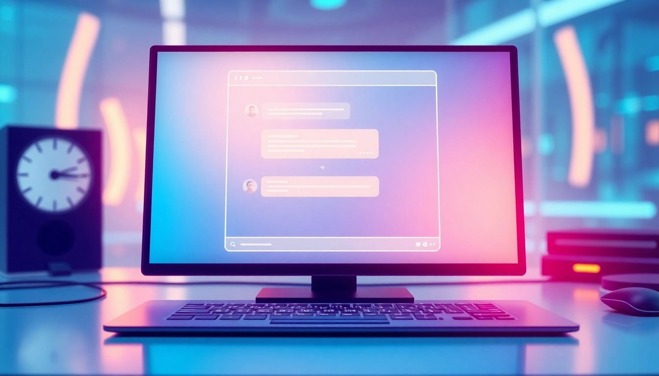 An illustration of a modern computer screen showing a chat interface with glowing elements in a sleek workspace.