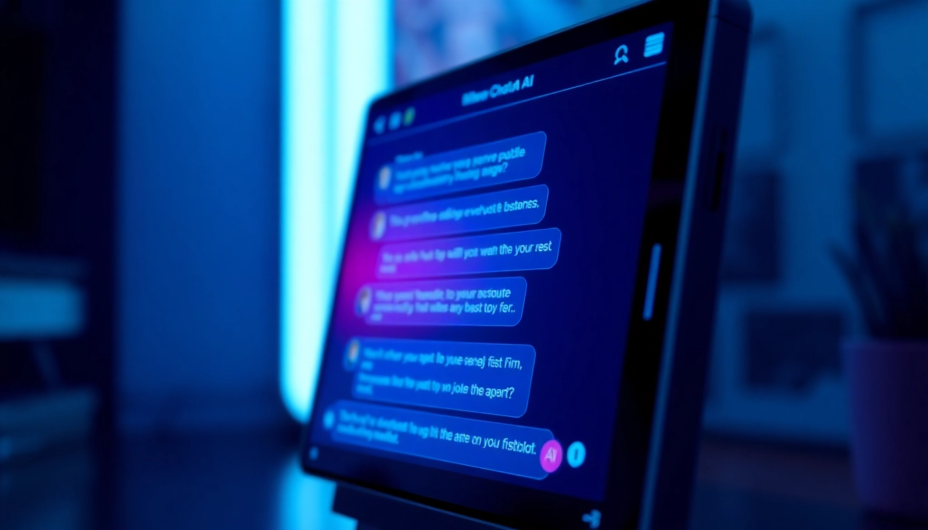 Close-up of a sleek digital chat interface on a high-tech device with vibrant neon accents, showcasing AI conversation in a modern, futuristic setting.