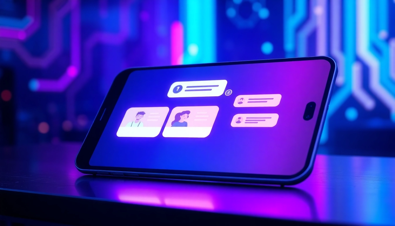A futuristic digital device with colorful neon chat interface and animated avatars engaging in conversation.