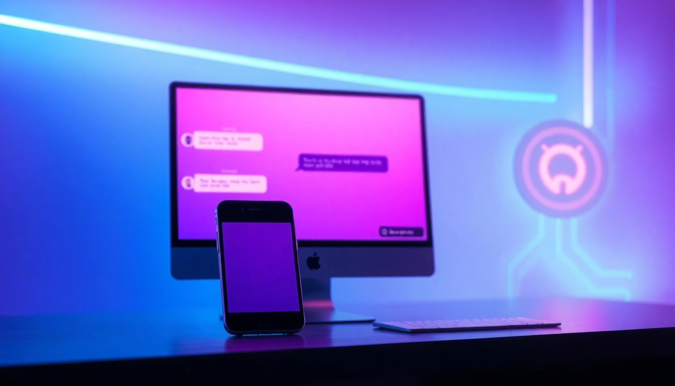 Futuristic depiction of AI chatbot interface on devices with neon lighting and customizable character avatars.