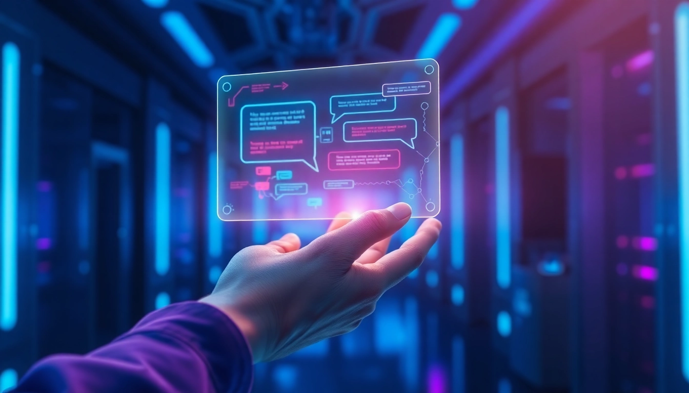 An illustration of a futuristic AI holographic interface with colorful text bubbles in a high-tech setting.